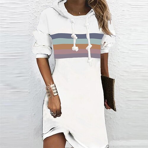 

Women's Hoodie Dress Winter Dress White Long Sleeve Striped Print Winter Fall Hooded Vacation Casual Fall Dress 2022 S M L XL XXL 3XL