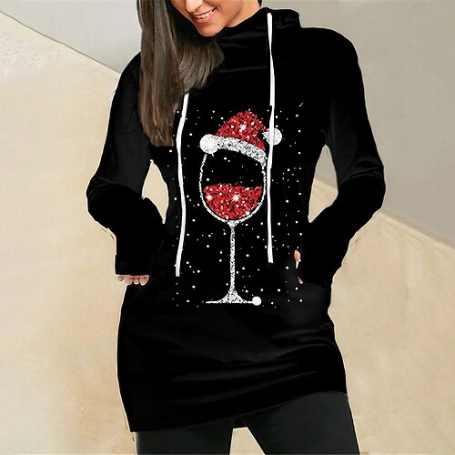 

Women's Christmas Hoodie Dress Winter Dress Mini Dress Black Long Sleeve hat Pocket Print Winter Fall Hooded Vacation Casual 2022 S M L XL XXL 3XL