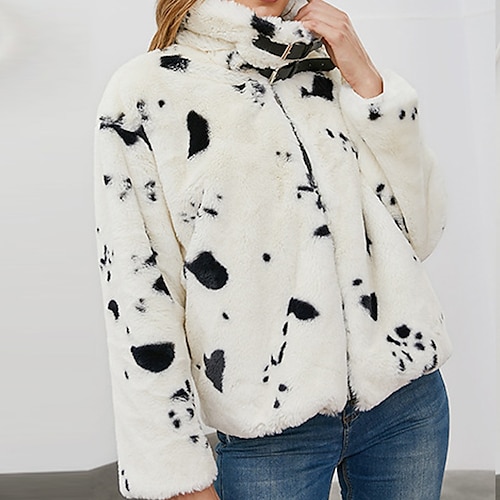 

Women's Teddy Coat Faux Leather Jacket Warm Breathable Outdoor Daily Wear Vacation Going out Pocket Print Zipper Turndown Active Fashion Lady Comfortable Cow Print Regular Fit Outerwear Long Sleeve