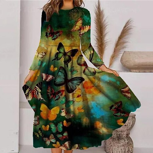 

Mulheres Vestido casual Vestido Swing Vestido midi Vestido midi Verde Cáqui Manga Longa Animal Bolsos Inverno Outono Decote Redondo Férias Roupa de inverno Vestido de outono 2023 S M L XL XXL 3XL