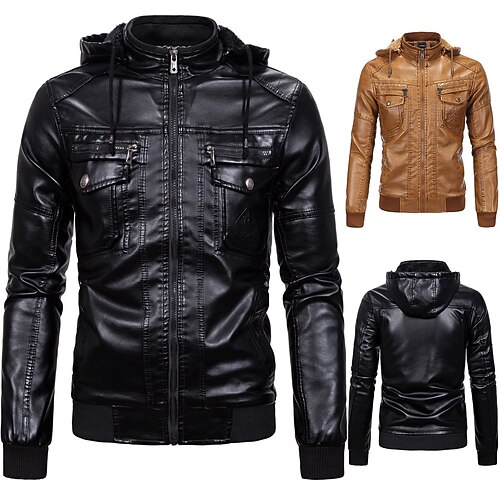 

Men's Faux Leather Jacket Biker Jacket Motorcycle Jacket Durable Casual / Daily Daily Wear Vacation To-Go Zipper Hooded Comfort Leisure Jacket Outerwear Solid / Plain Color Pocket Black Yellow