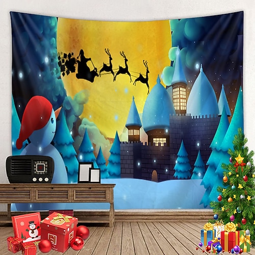 

Christmas Tree Wall Tapestry Photography Background Art Decor Gift Snowman Santa Claus Reindeer Blanket Hanging Home Bedroom Living Room Decoration Polyester