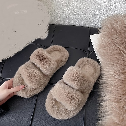 

Women's Slippers Home Fuzzy Slippers Fluffy Slippers House Slippers Winter Flat Heel Peep Toe Minimalism Faux Fur Loafer Solid Colored Black Rosy Pink Khaki