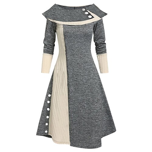 

Women's Sweater Dress Knit Dress Midi Dress Gray 3/4 Length Sleeve Color Block Ruched Button Knit Fall Winter Crew Neck Stylish Modern 2022 S M L XL XXL 3XL