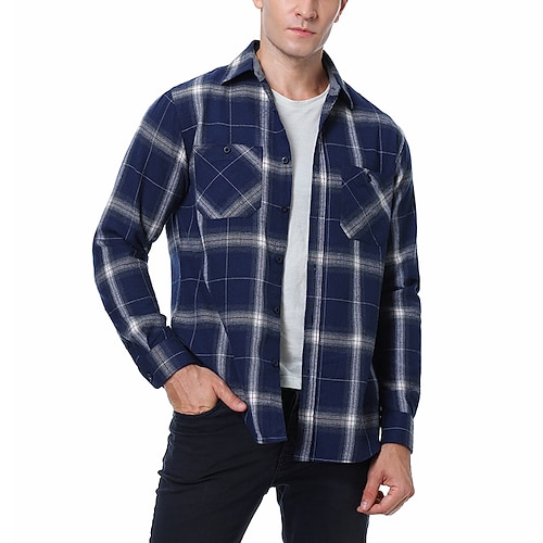 

Men's Flannel Shirt Shirt Jacket Shacket Shirt Plaid Turndown Black / Red Blue Purple Orange Navy Blue Print Street Daily Long Sleeve Button-Down Clothing Apparel Casual Comfortable Pocket