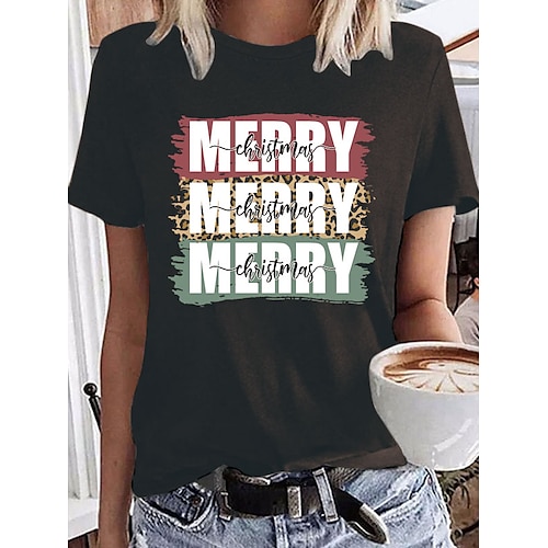 

Women's T shirt Tee Green Wine Army Green Graphic Letter Print Short Sleeve Christmas Daily Basic Round Neck Regular Painting S