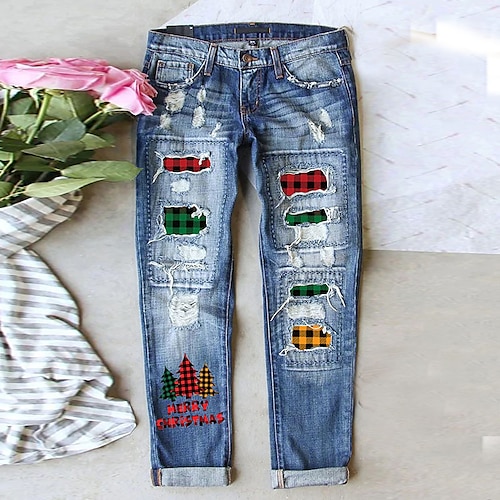 

Women's Christmas Jeans Distressed Jeans Denim Blue Fashion Christmas Street Casual Baggy Ripped Micro-elastic Full Length Comfort Plaid S M L XL XXL / Print