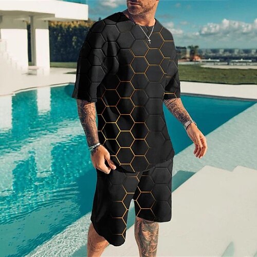 

Men's Shorts and T Shirt Set T-Shirt Outfits Plaid Graphic Prints Crew Neck Black 3D Print Outdoor Street Short Sleeve 3D Print Clothing Apparel 2pcs Basic Classic Comfortable Big and Tall / Summer