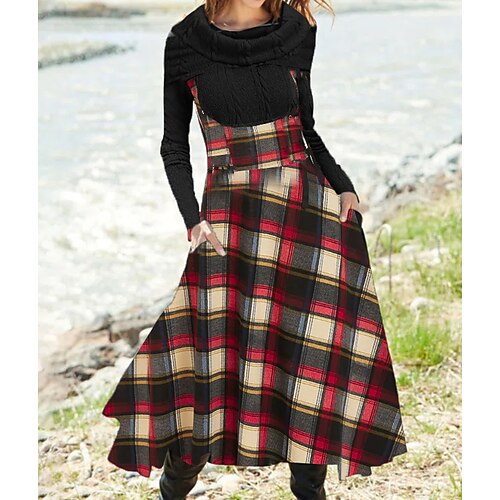 

Women's Swing Dress Print Dress Midi Dress Black Long Sleeve Color Block Patchwork Fall Winter Crew Neck Stylish Modern 2022 S M L XL 2XL 3XL
