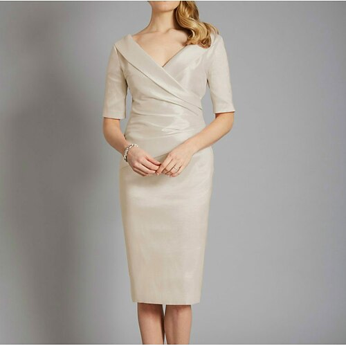 

Sheath / Column Mother of the Bride Dress Elegant V Neck Knee Length Satin Half Sleeve with Ruching 2022