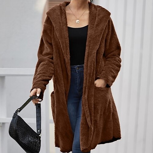 

Women's Sherpa jacket Fleece Jacket Teddy Coat Warm Breathable Outdoor Daily Wear Vacation Going out Pocket Open Front Hoodie Elegant Lady Plush Solid Color Regular Fit Outerwear Long Sleeve Winter