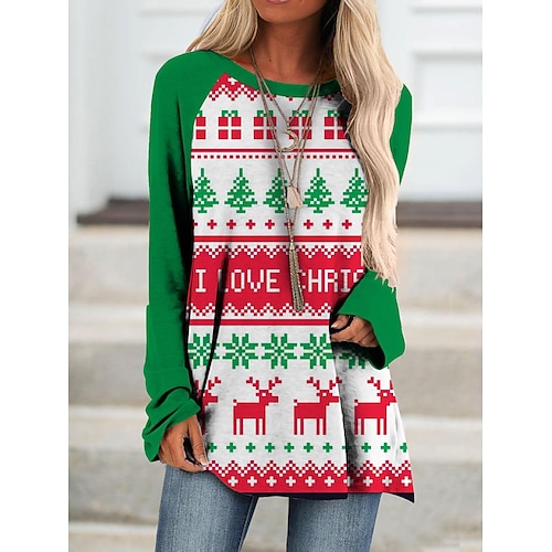 

Women's T shirt Tee Color Block Christmas Raglan Sleeves Regular Winter Light Blue Green christmas tree Green Blue Red
