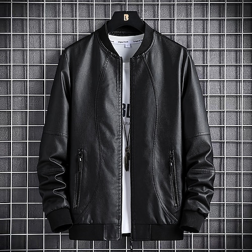 

Men's Bomber Jacket Leather Jacket Waterproof Durable Casual / Daily Outdoor Daily Wear Vacation Zipper Standing Collar Comfort Leisure Jacket Outerwear Solid / Plain Color Pocket Keep Warm Black Gray