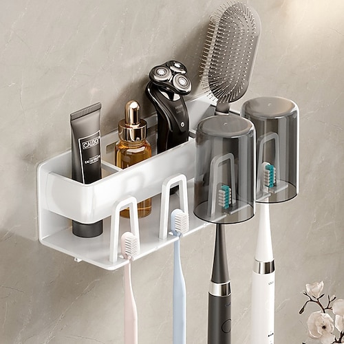 

White Bathroom Toothbrush Tooth Cup Storage Rack Non Perforated Mouthwash Cup Toothbrush Cup Wall Mounted Toothpaste Storage Rack Toothbrush Rack