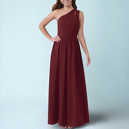 

A-Line Floor Length One Shoulder Chiffon Junior Bridesmaid Dresses&Gowns With Ruching Wedding Party Dresses 4-16 Year