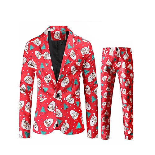 

Red Men's Christmas Suits 3 Piece Patterned Standard Fit Single Breasted One-button 2022