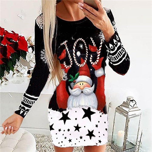 

Women's Christmas Casual Dress Bodycon Mini Dress Red White Black Long Sleeve Letter Santa Claus Elk Print Winter Fall Crew Neck Stylish Casual 2022 S M L XL XXL 3XL / Sheath Dress