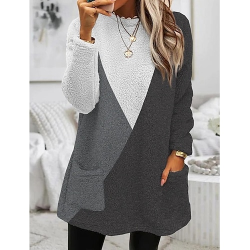 

Women's Sweatshirt Pullover Sherpa Fleece Teddy Pocket Gray Color Block Street Round Neck Long Sleeve Fleece S M L XL 2XL 3XL