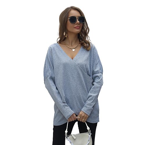 

Women's T shirt Tee Solid Color Basic V Neck Standard Winter Light Blue