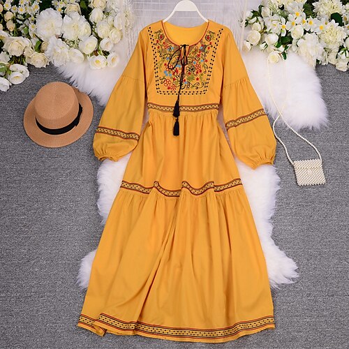 

Women's Casual Dress Swing Dress Midi Dress Yellow Long Sleeve Floral Embroidered Winter Fall Autumn Crew Neck 2022 One-Size