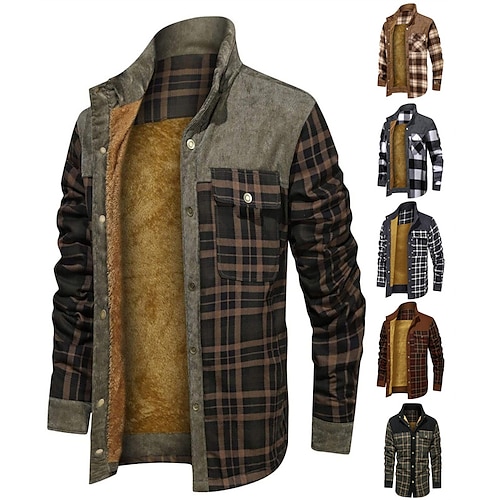 

Men's Winter Jacket Winter Coat Fleece Jacket Flannel Jacket Durable Daily Wear Vacation To-Go Single Breasted Standing Collar Warm Ups Comfort Leisure Jacket Outerwear Plaid / Check Pocket Wine Dark