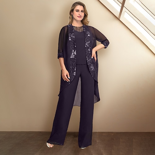 

Todelt Jumpsuit / Pantsuit Plus Size Curve Mother of the Bride-kjoler Elegant Kjole Formell Gulvlengde Ermeløs Besmykket Chiffon med Appliqué 2023