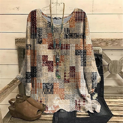 

Women's Plus Size Tops Blouse Shirt Tribal Geometry Print Long Sleeve Crew Neck Vintage Casual Daily Vacation Polyester Winter Fall Black khaki