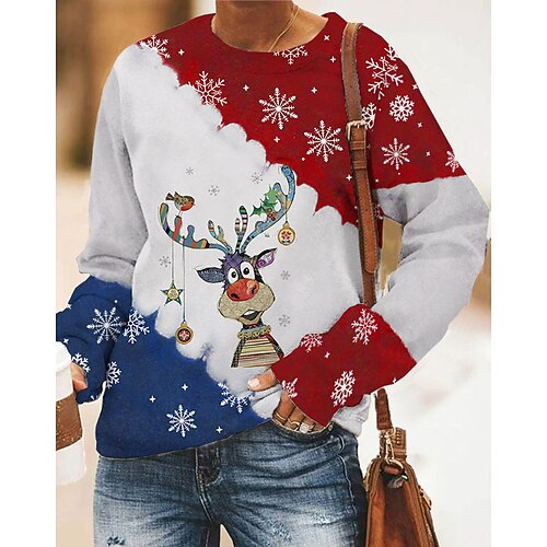 

Women's Sweatshirt Pullover Streetwear Blue Red White Graphic Cat Christmas Round Neck Long Sleeve S M L XL 2XL