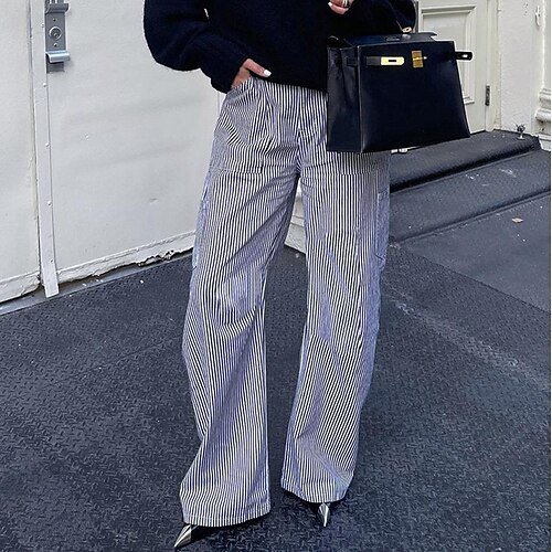 

Women's Pants Trousers Cotton Blend White Fashion Street Casual Side Pockets Full Length Comfort Striped S M L