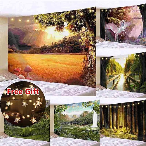 

Landscape Forest Waterfall Wall Tapestry Art Decor Blanket Curtain Picnic Tablecloth Hanging Home Bedroom Living Room Dorm Decoration Gift Polyester (with LED String Lights)