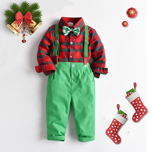 

2 Pieces Toddler Boys Shirt & Pants Clothing Set Outfit Plaid Long Sleeve Cotton Set Outdoor Fashion Winter Fall 3-7 Years Red