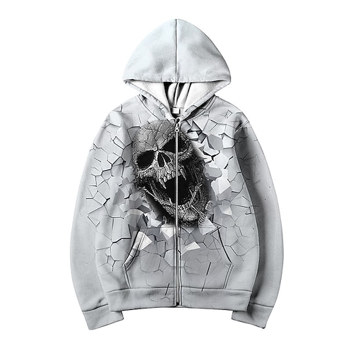 

Men's Full Zip Hoodie Jacket Light Grey Gray Hooded Skull Graphic Prints Zipper Print Sports Outdoor Daily Sports 3D Print Streetwear Designer Casual Spring Fall Clothing Apparel Hoodies