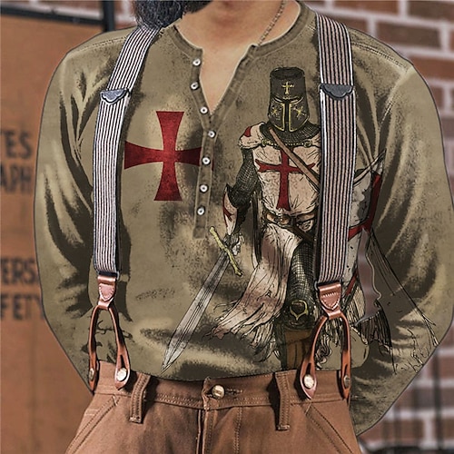 

Men's Henley Shirt T shirt Tee Tee Graphic Templar Cross Henley Brown 3D Print Knight Outdoor Daily Long Sleeve Button-Down Print Clothing Apparel Basic Designer Classic Comfortable