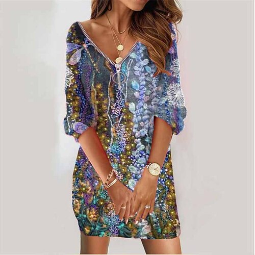 

Women's Sweatshirt Dress Winter Dress Blue Long Sleeve Floral Zipper Print Winter Fall V Neck Vacation Casual Fall Dress Loose Fit 2022 S M L XL XXL 3XL