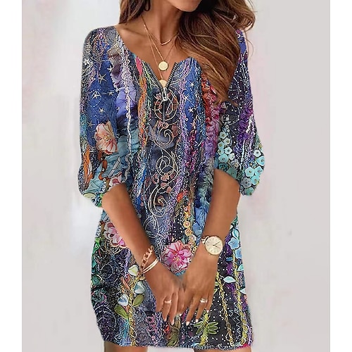 

Women's Casual Dress Midi Dress Dark Blue Long Sleeve Floral Zipper Fall Crew Neck Modern Winter Dress Fall Dress 2022 S M L XL 2XL 3XL 4XL 5XL 6XL