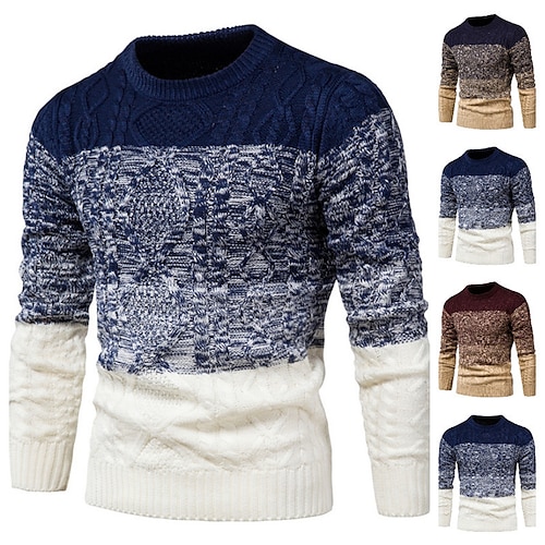 

Men's Pullover Sweater Jumper Ribbed Knit Cropped Knitted Color Block Crew Neck Keep Warm Modern Contemporary Work Daily Wear Clothing Apparel Winter Spring & Fall Wine Brown M L XL