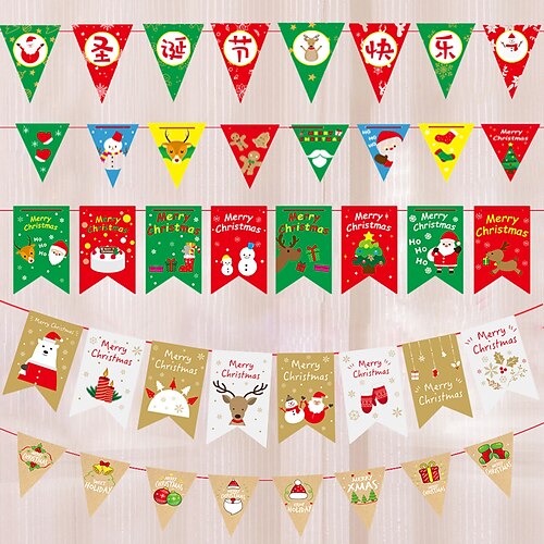 

2pcs Christmas Decorations Christmas Flag Pulling Paper Triangle Cartoon Christmas Flag Pulling Holiday Banner Party Decoration Flag