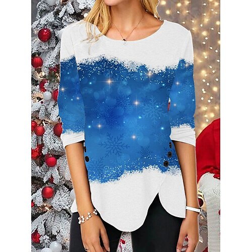 

Women's T shirt Tee Print Christmas Snowman Snowflake Basic Round Neck Blue Red Black / Long Sleeve