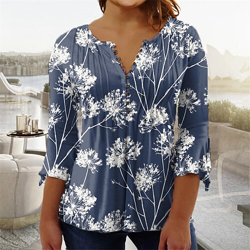 

Women's Plus Size Tops Blouse Shirt Floral Button Print 3/4 Length Sleeve V Neck Casual Daily Vacation Cotton Spandex Jersey Fall Winter Green Blue