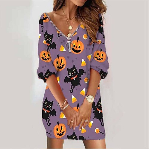

Women's Sweatshirt Dress Shift Dress Short Mini Dress Purple Black Long Sleeve Pumpkin Zipper Print Fall Winter V Neck Vacation Casual Halloween 2022 S M L XL XXL 3XL