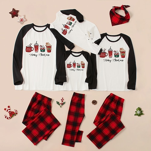 

Christmas Pajamas Family Set Ugly Plaid Christmas Tree Gingerbread Patchwork Black Long Sleeve Mom Dad and Me Adorable Matching Outfits Fall Spring Print