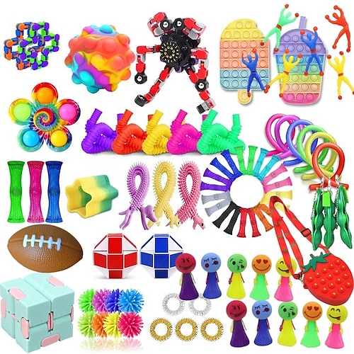 

80 pcs Sensory Toys Bean AntiStress Stretchy Strings Push It Squishy Chain Pops Cube Rainbow Ball Mini Squeeze Toy For Adults Kids Gift