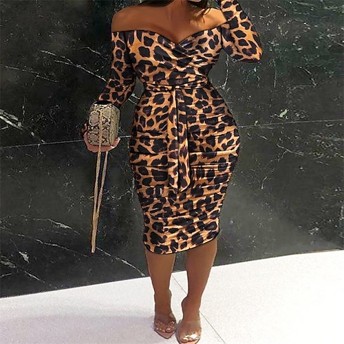 

Women's Party Dress Corset Dress Sheath Dress Leopard Print White Long Sleeve Leopard Ruched Winter Fall Autumn Strapless Fashion Winter Dress Fall Dress Slim 2022 S M L XL 2XL XXXL