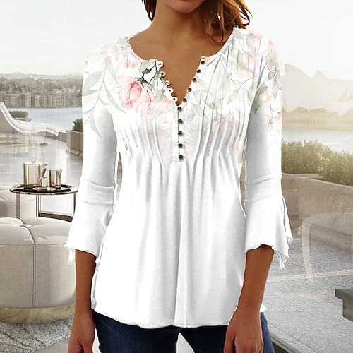 

Chemise Chemisier Femme Blanche Floral Bouton Imprimer Manches 3/4 Vacances Fin de semaine Vêtement de rue Décontractées Col Rond Normal Standard Fleur S