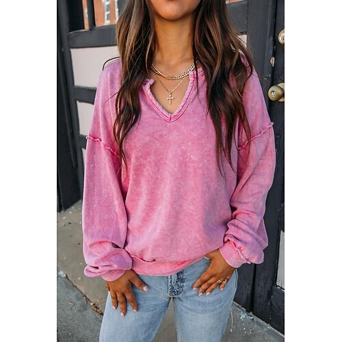 

Women's Hoodie Solid Color Basic V Neck Standard Fall Pink