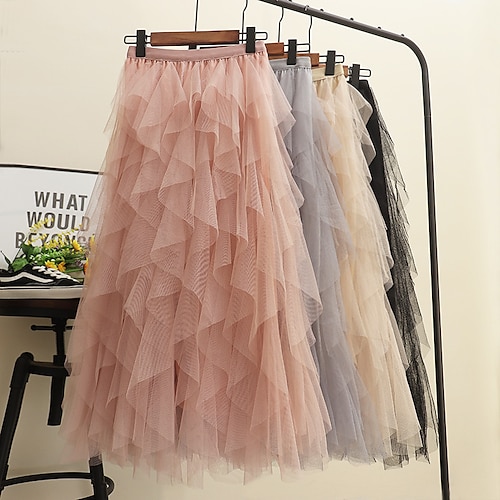 

Women's A Line Swing Midi Polyester Pink Beige Gray Black Skirts Autumn / Fall Tulle Fashion Office / Career Street One-Size