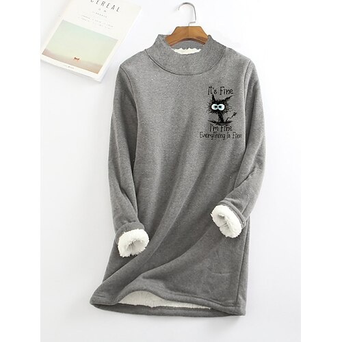 

Women's Plus Size Tops Blouse Fleece Winter Cartoon Letter Print Long Sleeve Round Neck Casual Sherpa Fleece Daily Vacation Sherpa Fall Gray