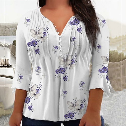 

Women's Plus Size Tops Blouse Shirt Floral Button Print 3/4 Length Sleeve V Neck Casual Daily Vacation Cotton Spandex Jersey Winter Fall White