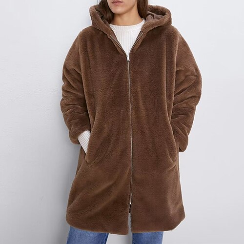 

Women's Sherpa jacket Fleece Jacket Teddy Coat Warm Breathable Outdoor Daily Wear Vacation Going out Pocket Zipper Hoodie Active Comfortable Street Style Plush Solid Color Regular Fit Outerwear Long