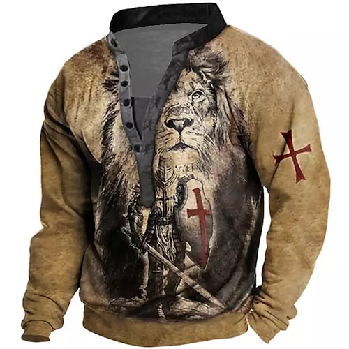 

Men's Sweatshirt Pullover Green Blue Purple Brown Standing Collar Lion Knights Templar Graphic Prints Print Casual Daily Sports 3D Print Streetwear Designer Casual Spring & Fall Clothing Apparel